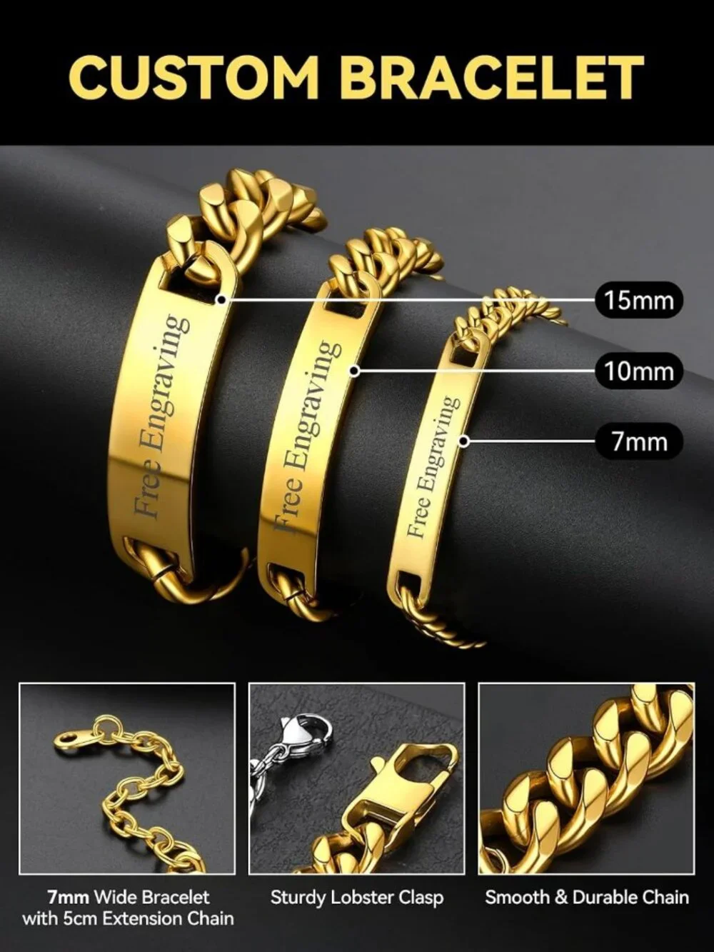 Personalized Stainless Steel ID Bracelet for Men & Women, Custom Engraved Curb